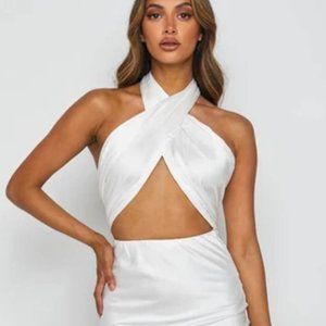 Satin Front-Cross Halter Midi - White